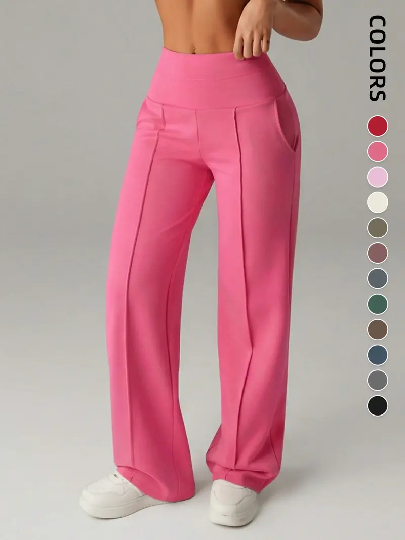 Pantalones de mujer de tiro medio, cintura elástica y pernera ancha; estilo deportivo casual, cómodos bolsillos laterales; prenda versátil para primavera y otoño; ideales para el día a día; moda femenina.